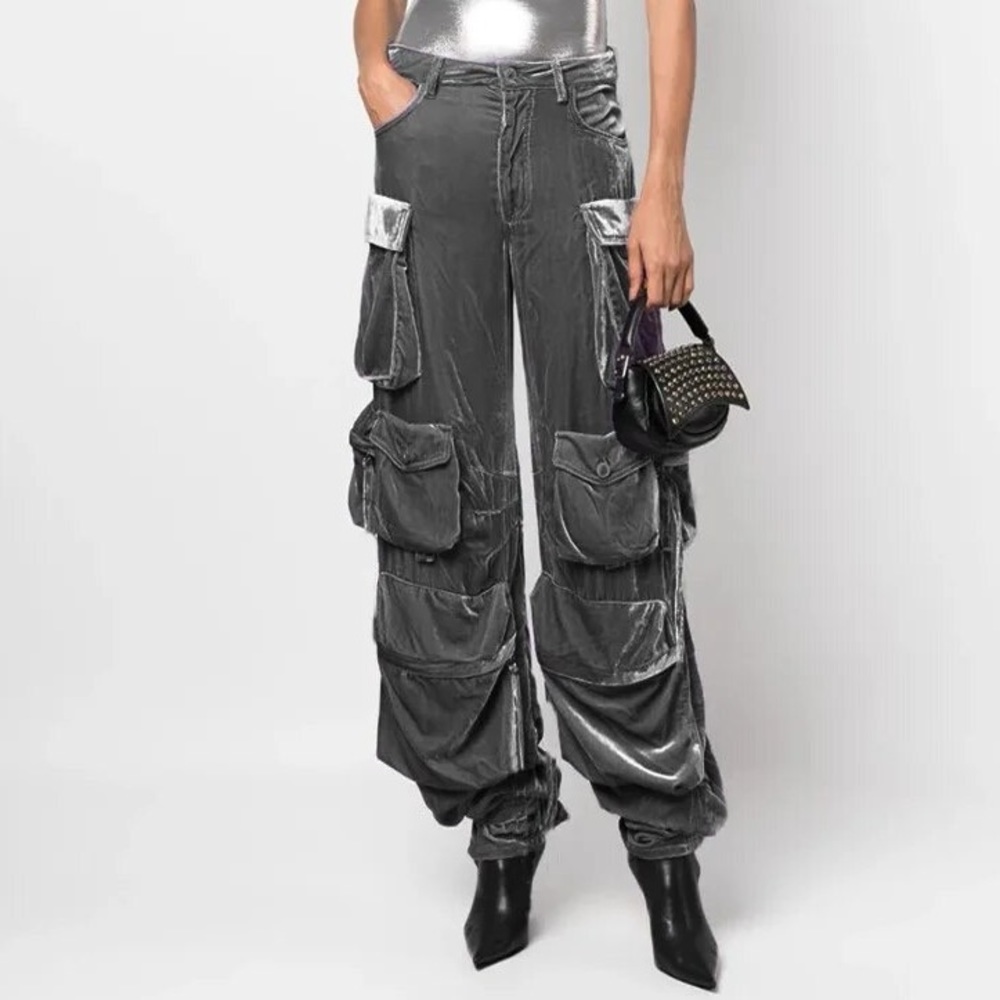 Silver Grey Multi Pocket Straight High Waisted Luxury Soft Velvet Pants